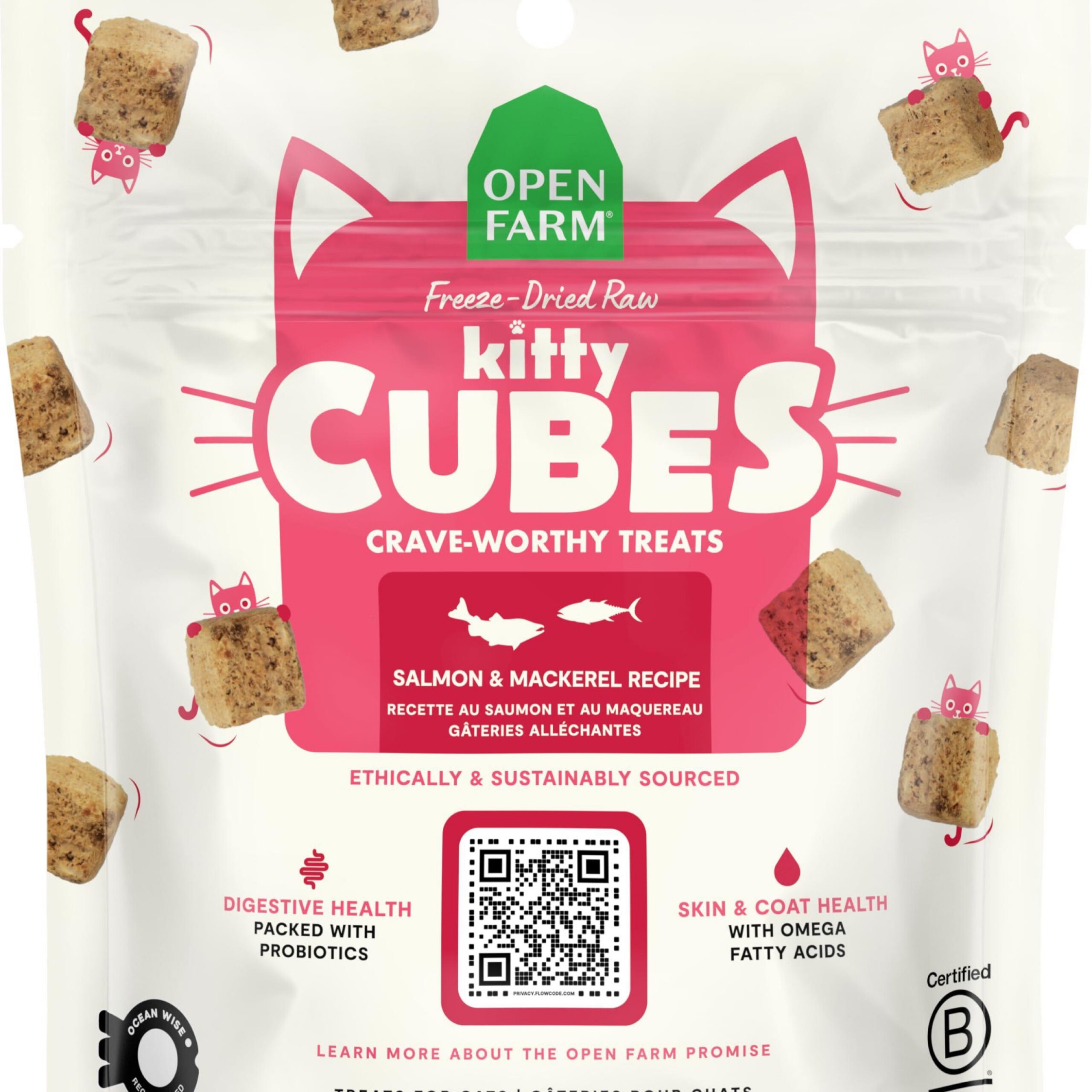 Open Farm, Kitty Cubes, Freeze Dried Raw Cat Treats, Grain-Free, High-Protein Cat Treat with Probiotics, Omega Fatty Acids & Superfoods, Salmon & Mackerel Recipe