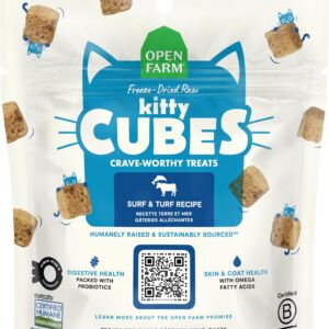 Open Farm, Kitty Cubes, Freeze Dried Raw Cat Treats, Grain-Free, High-Protein Cat Treat with Probiotics, Omega Fatty Acids & Superfoods, Surf & Turf Recipe