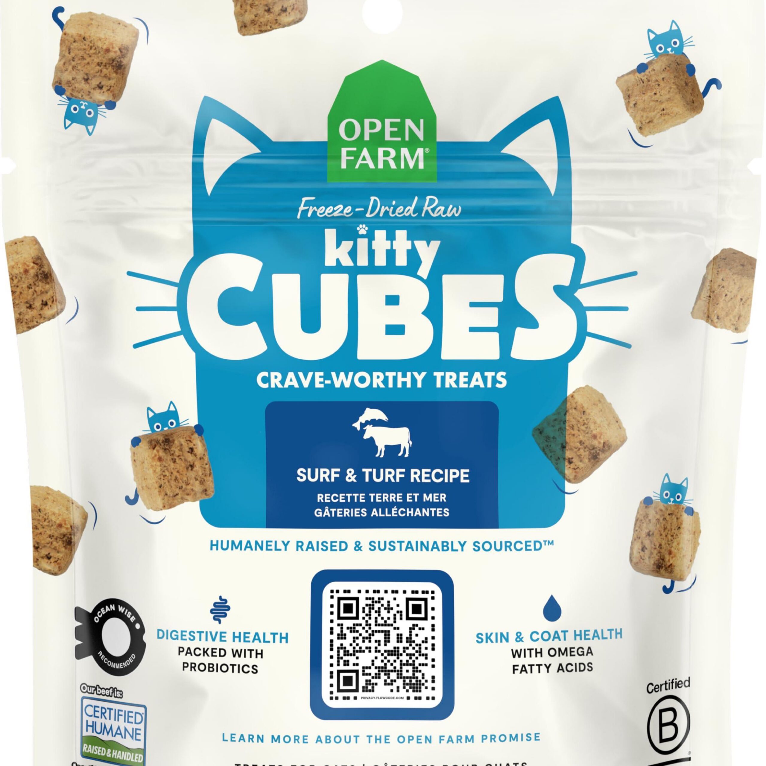 Open Farm, Kitty Cubes, Freeze Dried Raw Cat Treats, Grain-Free, High-Protein Cat Treat with Probiotics, Omega Fatty Acids & Superfoods, Surf & Turf Recipe